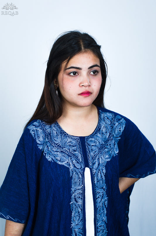 Lucky Point Blue Medium Open Kaftan with Aari Embroidery