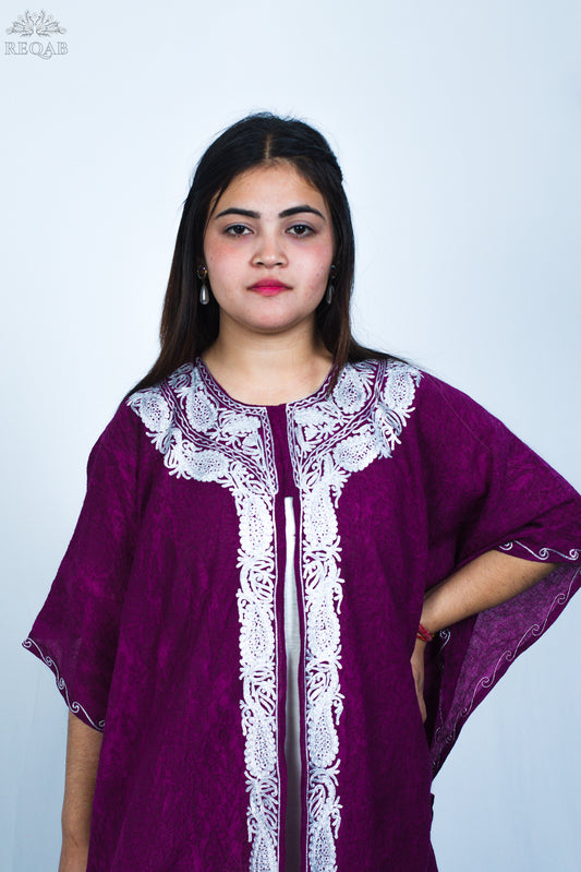 Bordeaux Medium Open Kaftan with Zari Embroidery