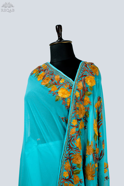 Medium Turquoise Semi-Georgette Saree with Aari Embroidery