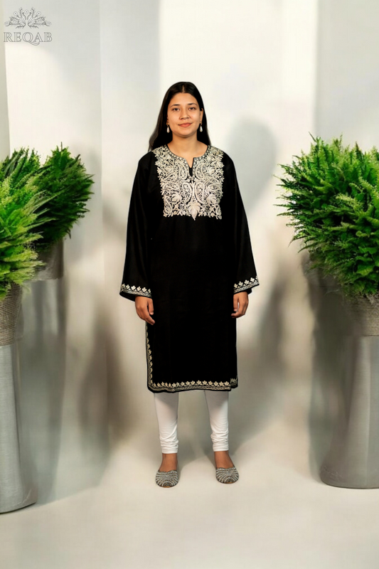 Black Russian Pheran with Zari Embroidery