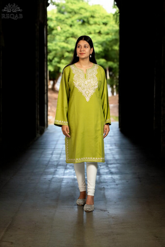 Brass Green Pheran with Zari Embroidery