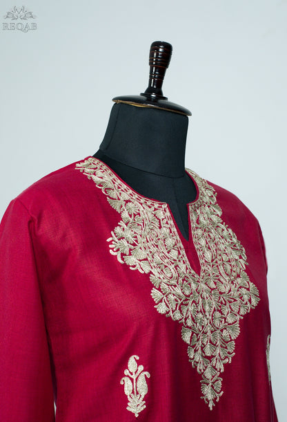 Brick Red Ruby Cotton Kurti with Zari Embroidery
