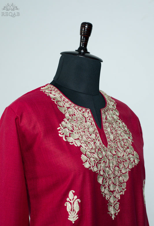 Brick Red Ruby Cotton Kurti with Zari Embroidery