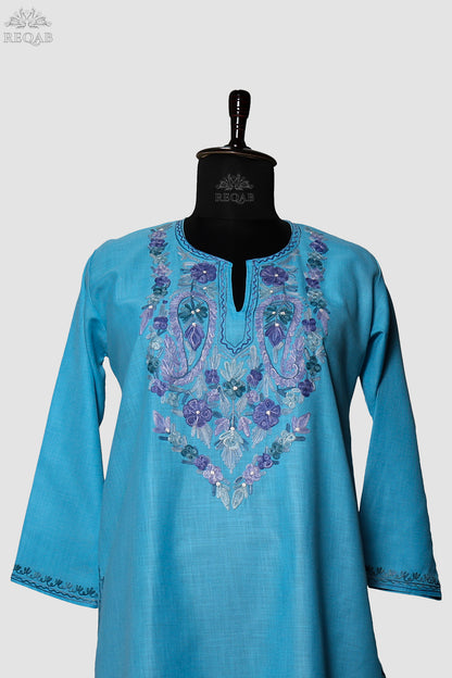 Viking Blue Ruby Cotton Kurti with Aari Embroidery