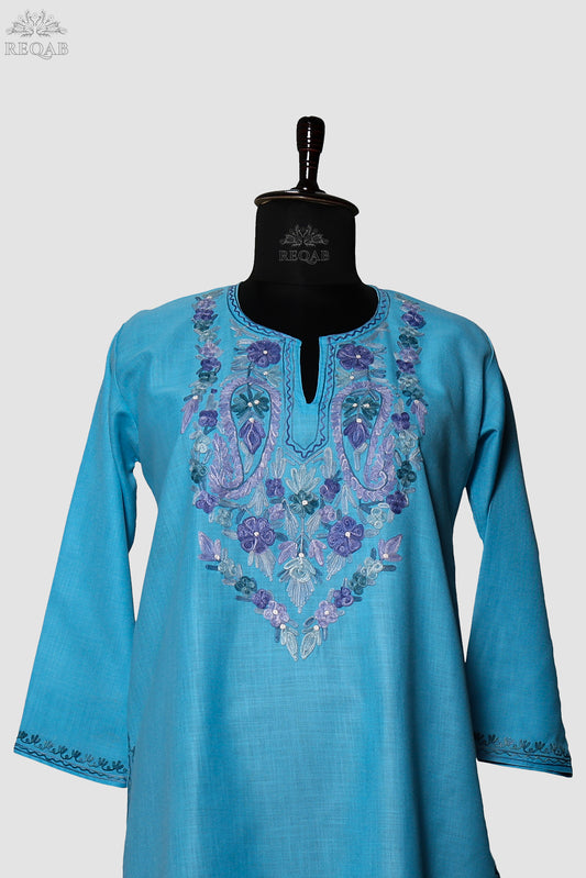 Viking Blue Ruby Cotton Kurti with Aari Embroidery