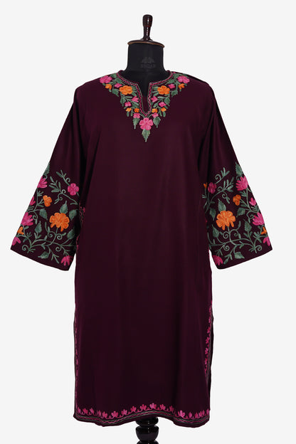 Crimson Canopy Pheran with Aari Embroidery