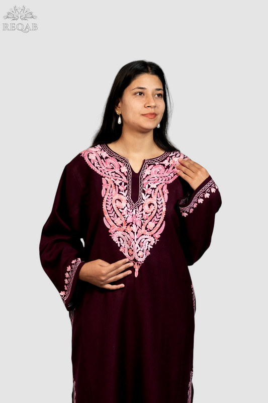 Rustic Red Pheran with Pink Aari Embroidery