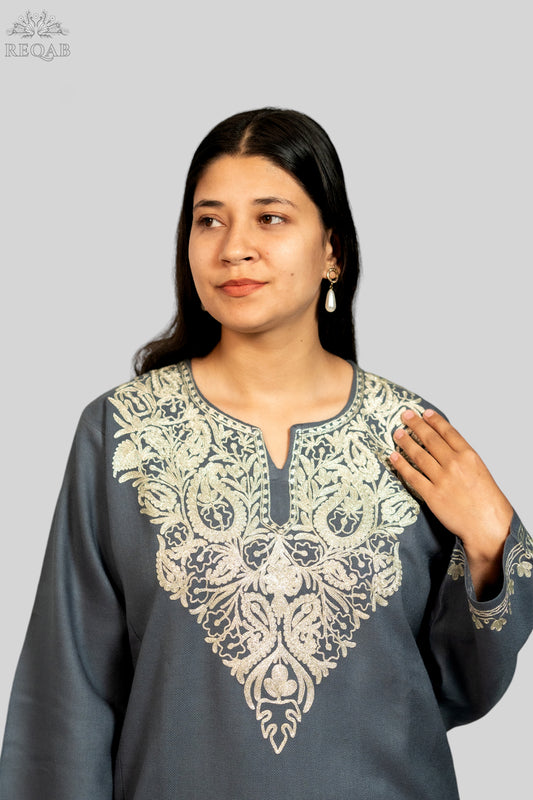 Shuttle Grey Pheran with Zari Embroidery
