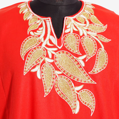 Deep Carmine Pink Pheran with Zari Embroidery
