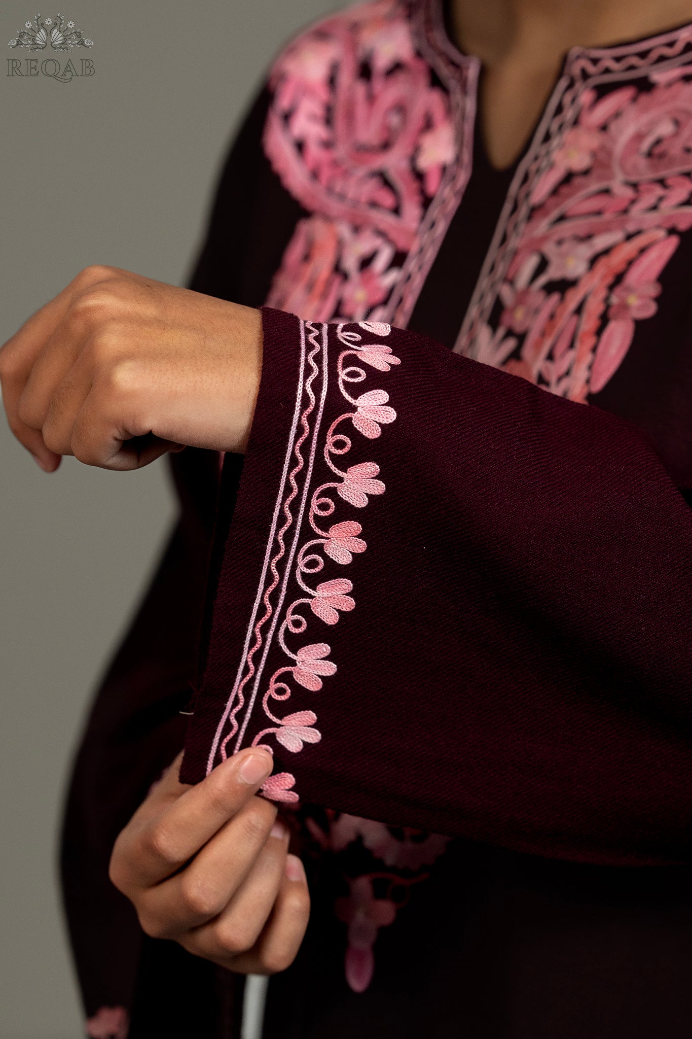 Rustic Red Pheran with Pink Aari Embroidery