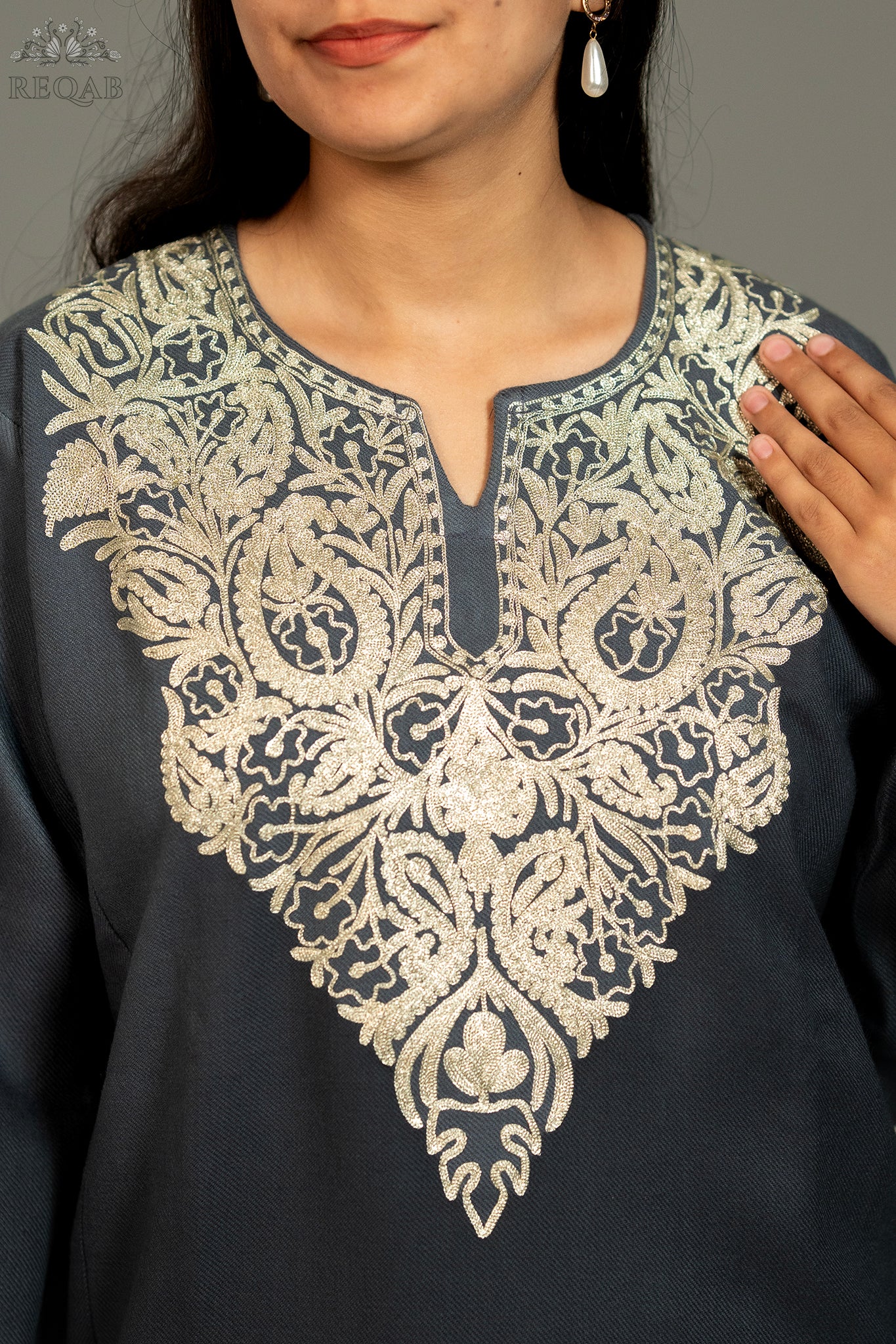 Shuttle Grey Pheran with Zari Embroidery