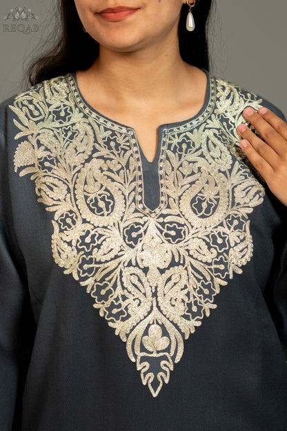 Shuttle Grey Pheran with Zari Embroidery