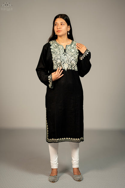 Black Russian Pheran with Zari Embroidery