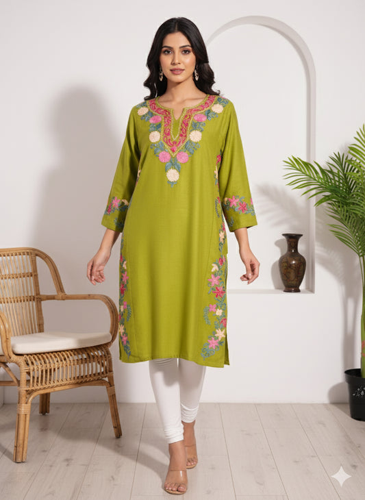 Old Gold Pheran with Aari Embroidery
