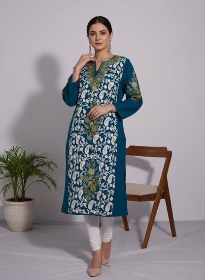 Prussian Blue Pheran with Aari Embroidery