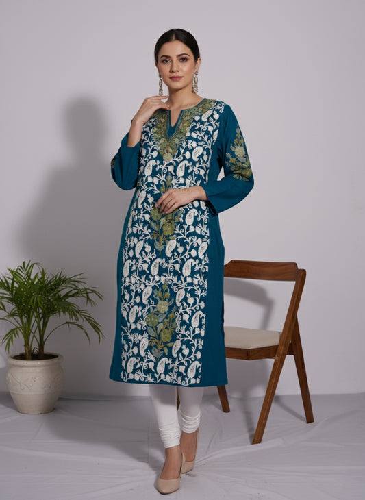 Prussian Blue Pheran with Aari Embroidery