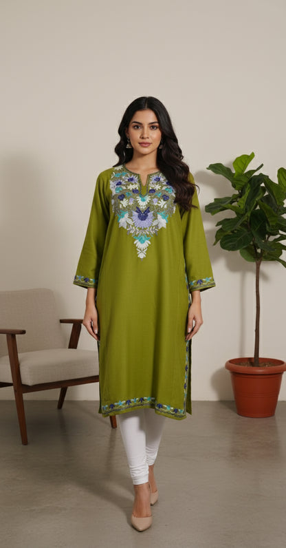 Olive Pheran with Aari Embroidery