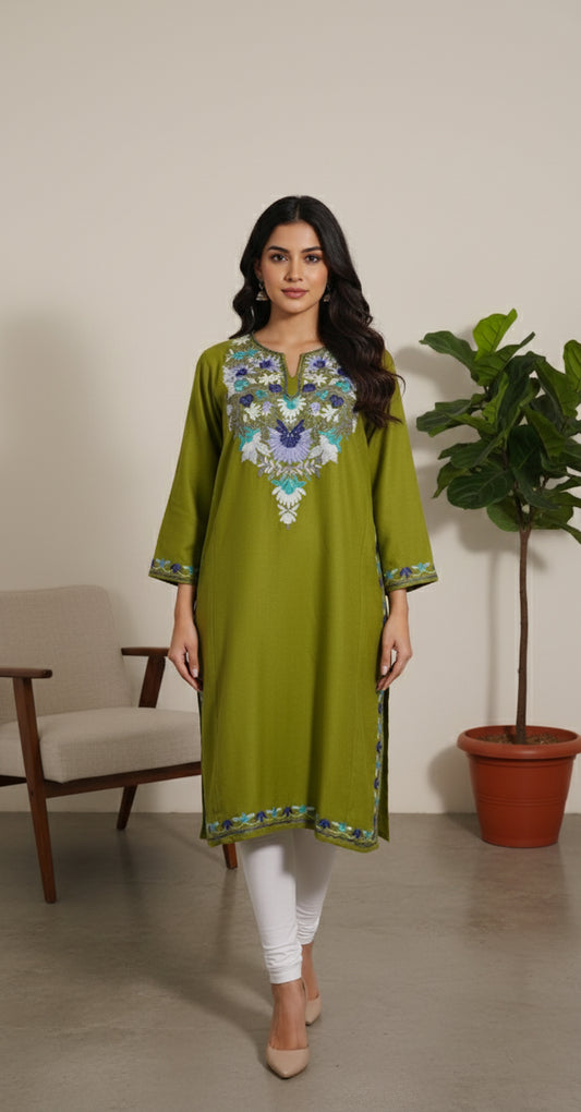 Olive Pheran with Aari Embroidery