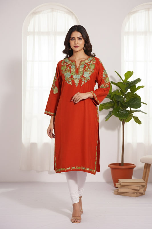Vermilion Pheran with Aari Embroidery