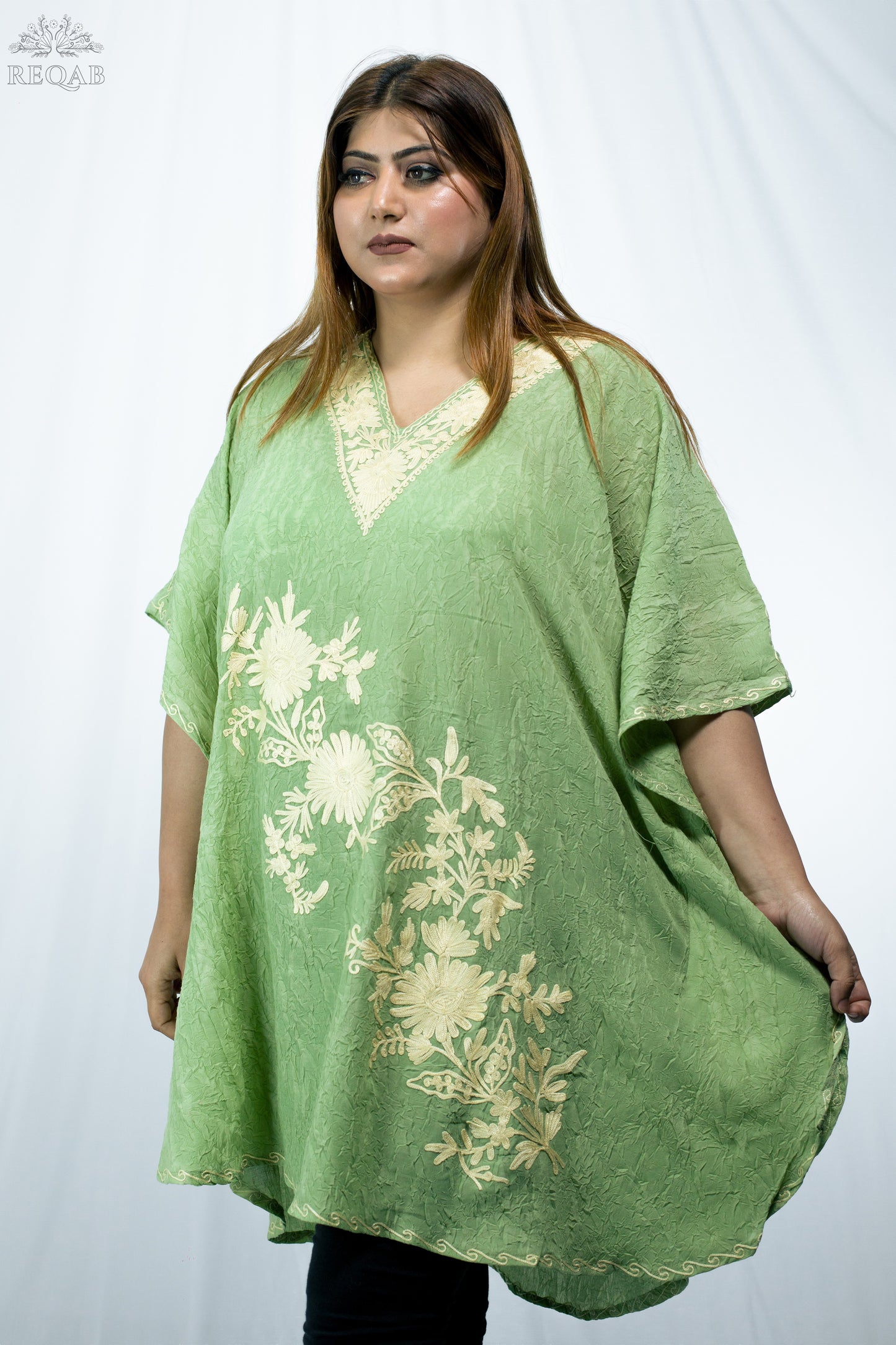 Conifer Green Short Kaftan with Aari Embroidery