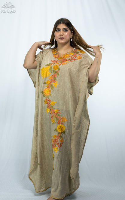 Chino Brown Long Kaftan with Aari Embroidery