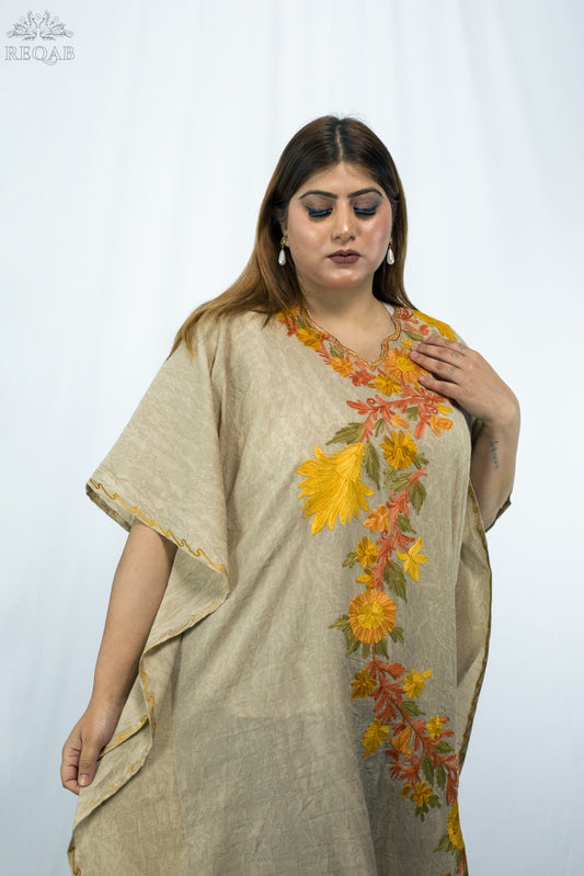 Chino Brown Long Kaftan with Aari Embroidery