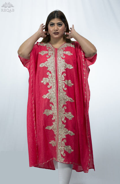 Brick Red Long Kaftan with Zari Embroidery