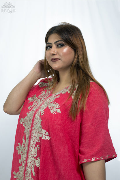 Brick Red Long Kaftan with Zari Embroidery