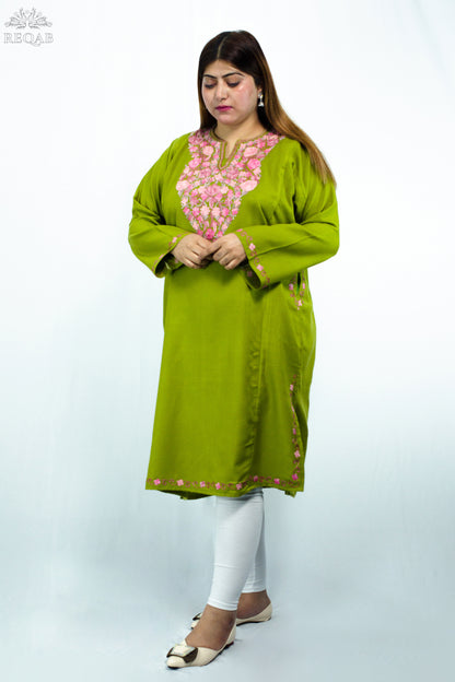 Citron Green Pheran with Aari Embroidery