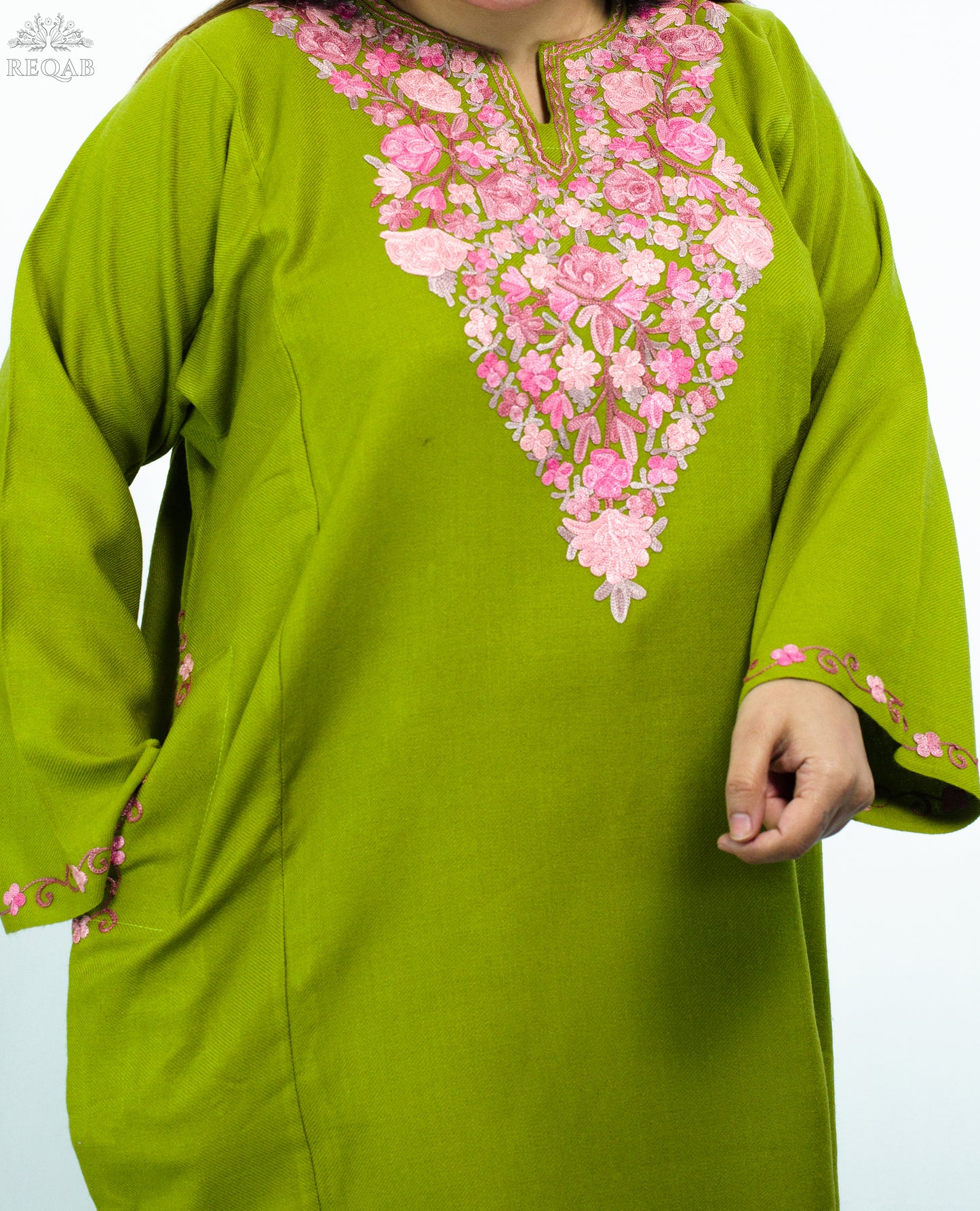 Citron Green Pheran with Aari Embroidery