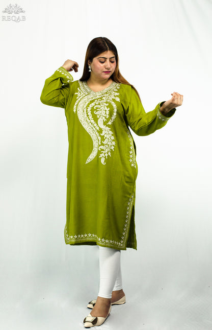 Citron Green Pheran with Zari Embroidery