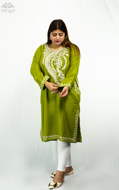 Citron Green Pheran with Zari Embroidery