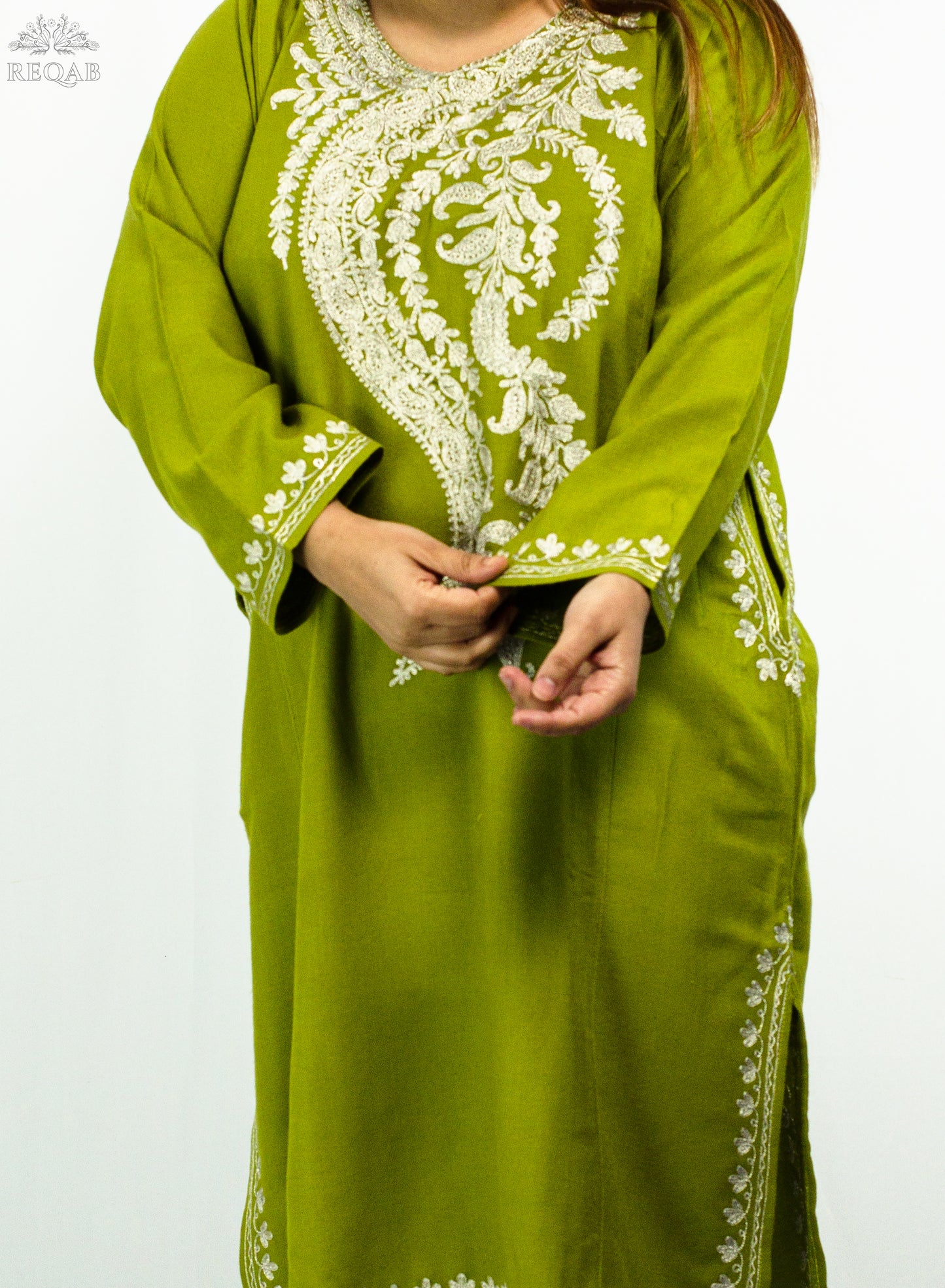 Citron Green Pheran with Zari Embroidery