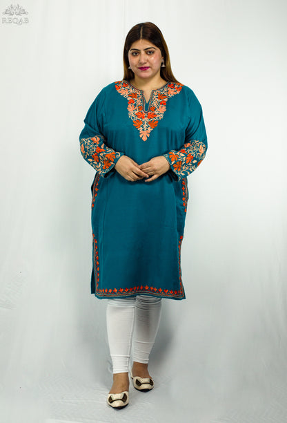 Blue Lagoon Pheran with Chinar Leaf Aari Embroidery