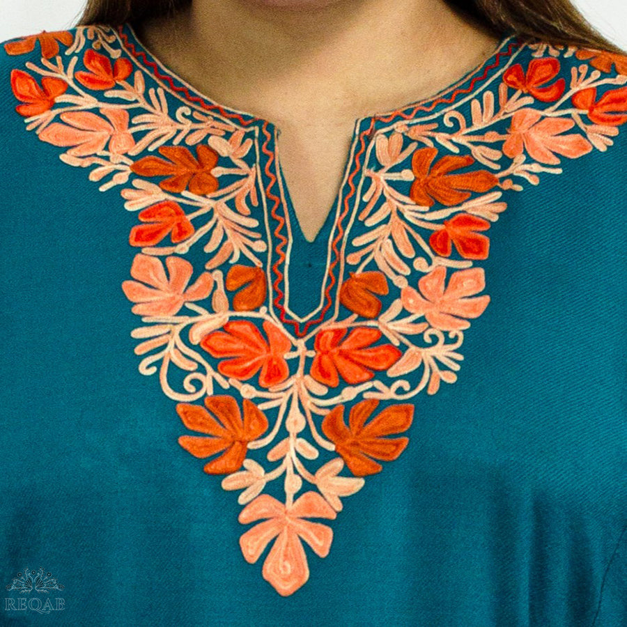 Blue Lagoon Pheran with Chinar Leaf Aari Embroidery