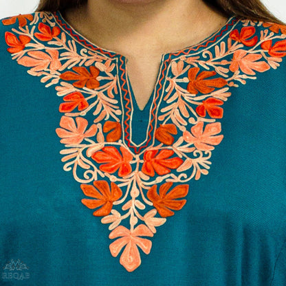 Blue Lagoon Pheran with Chinar Leaf Aari Embroidery