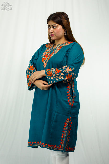 Blue Lagoon Pheran with Chinar Leaf Aari Embroidery
