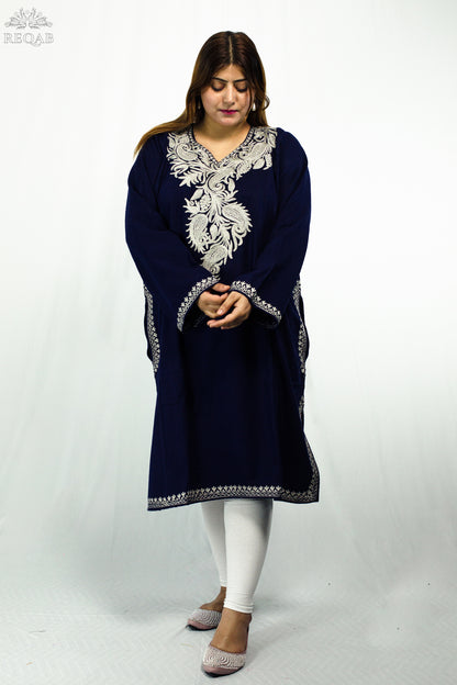 Midnight Express Blue Pheran with Almond Shaped Zari Embroidery