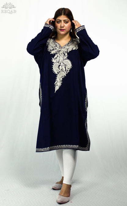 Midnight Express Blue Pheran with Almond Shaped Zari Embroidery