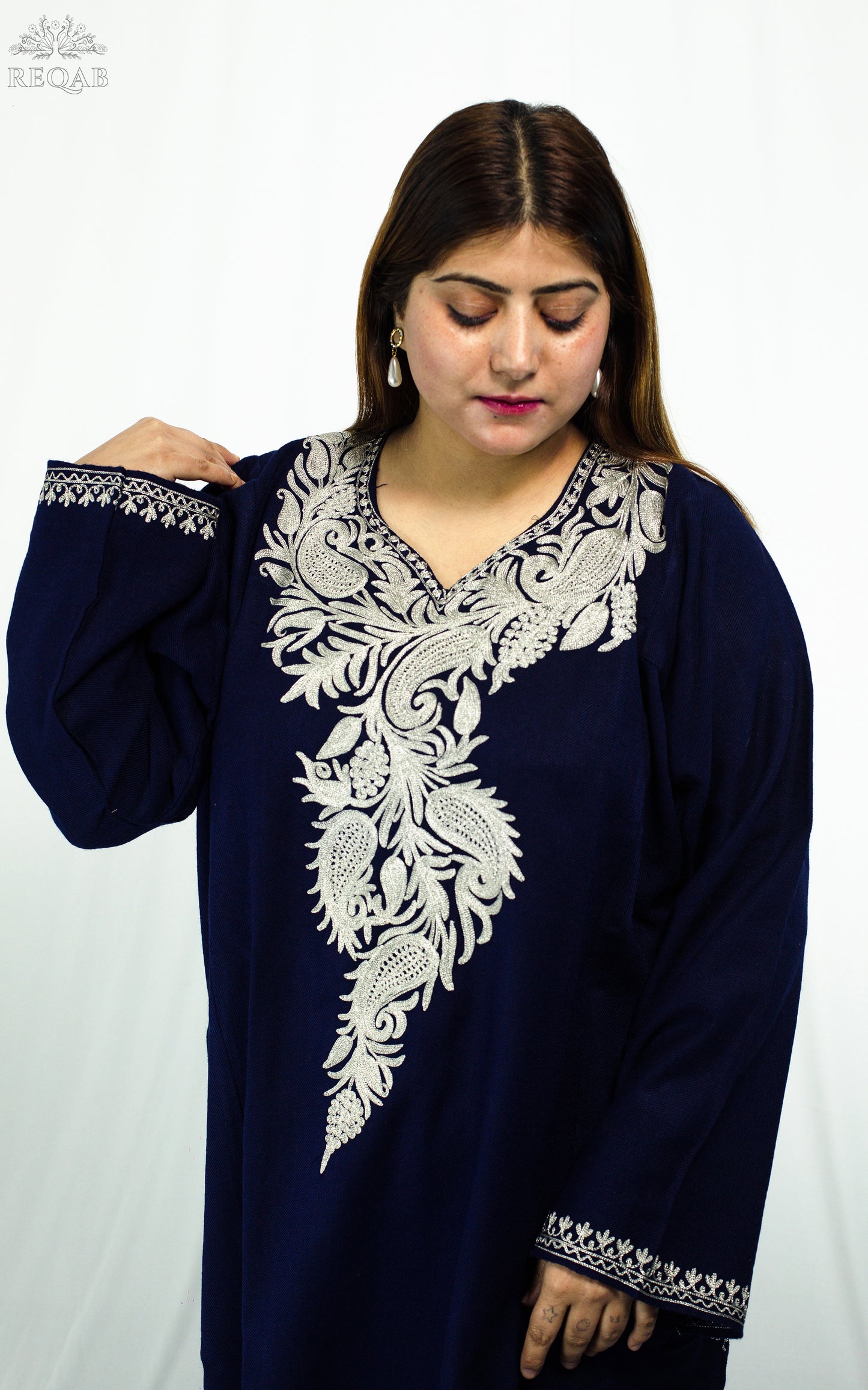 Midnight Express Blue Pheran with Almond Shaped Zari Embroidery