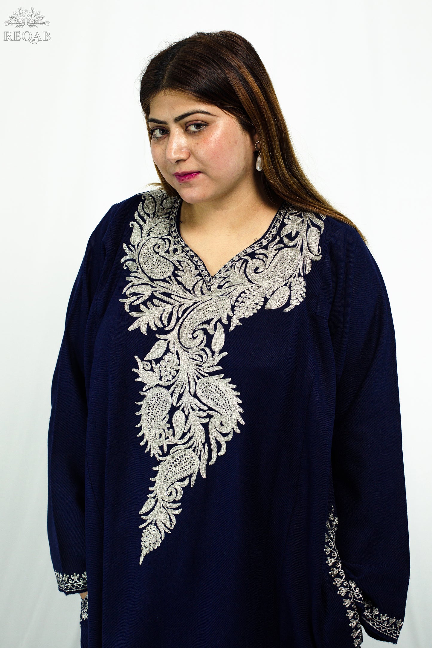 Midnight Express Blue Pheran with Almond Shaped Zari Embroidery