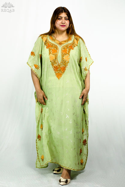 Olivine Green Long Kaftan with Aari Embroidery