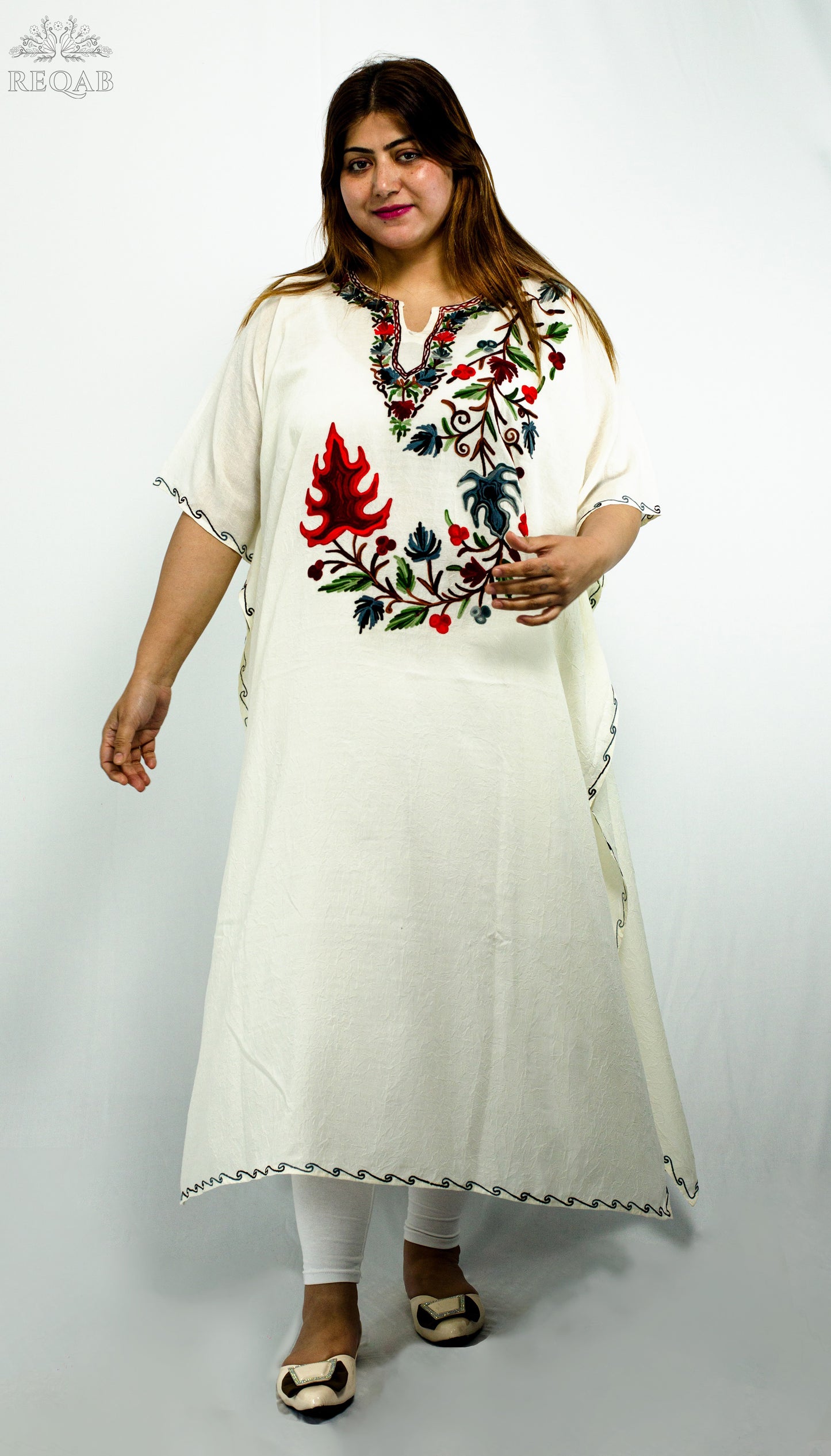 Celeste White Long Kaftan with Aari Embroidery