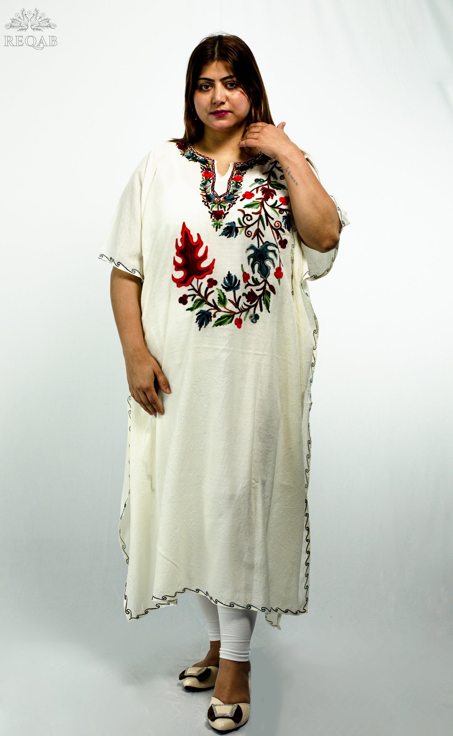 Celeste White Long Kaftan with Aari Embroidery