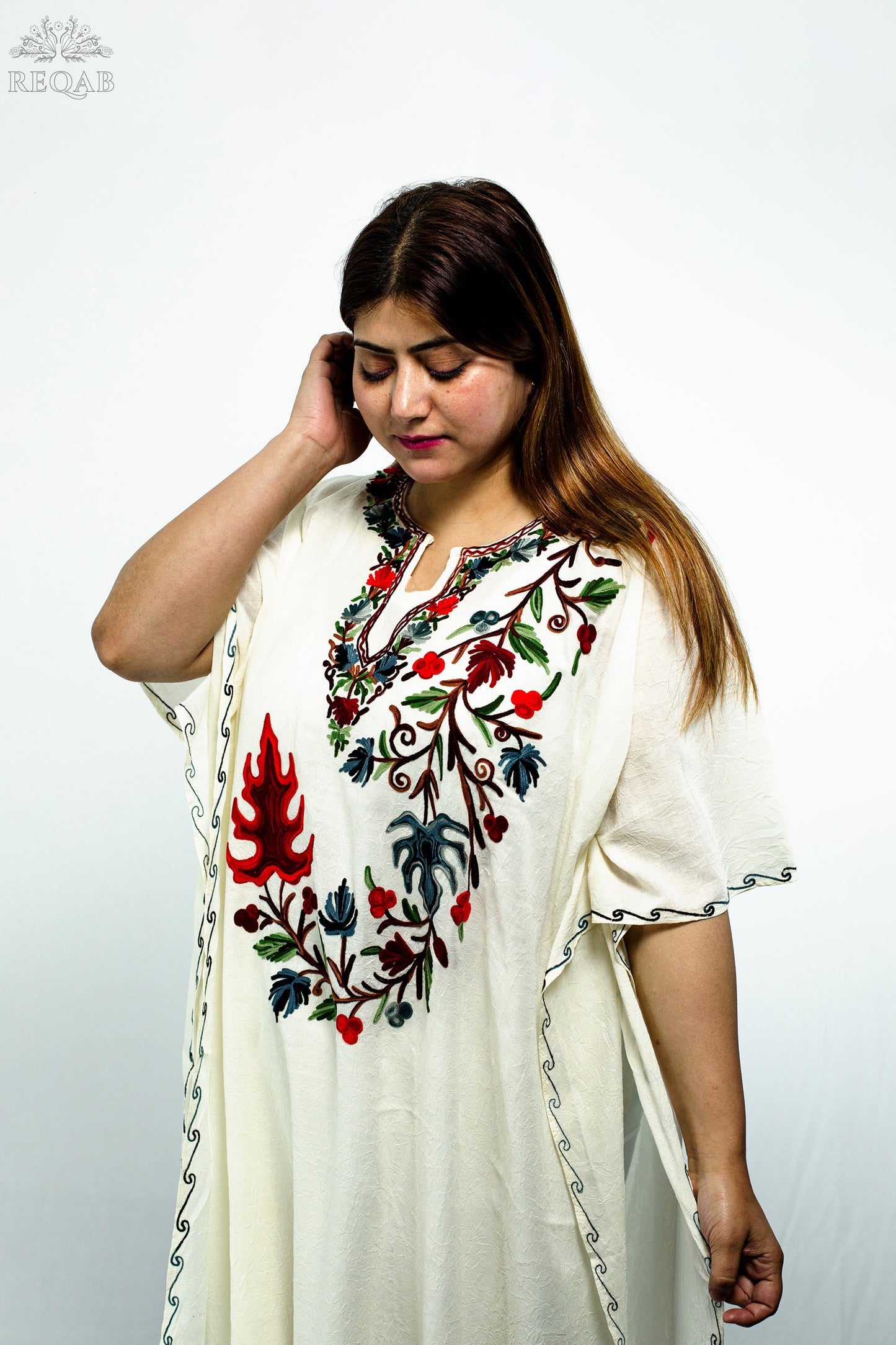 Celeste White Long Kaftan with Aari Embroidery