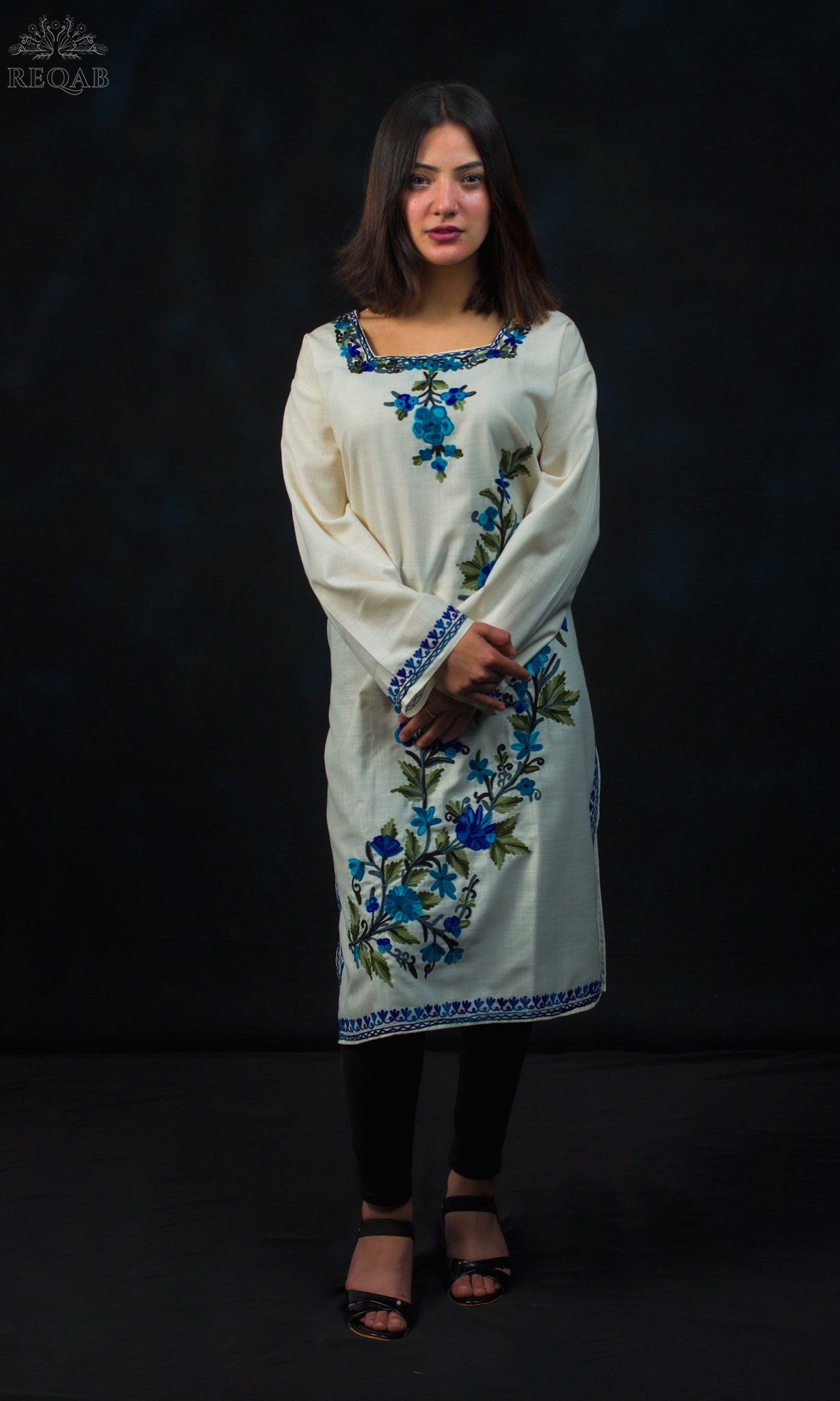 Catskill White Ruby Cotton Kurti with Blue Aari Embroidery