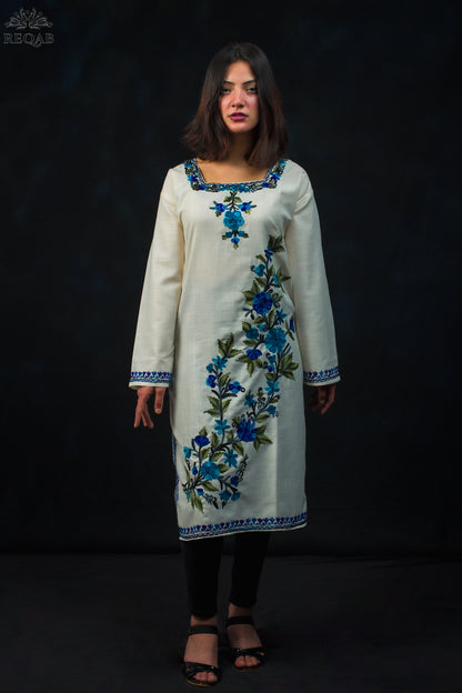 Catskill White Ruby Cotton Kurti with Blue Aari Embroidery