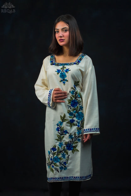 Catskill White Ruby Cotton Kurti with Blue Aari Embroidery