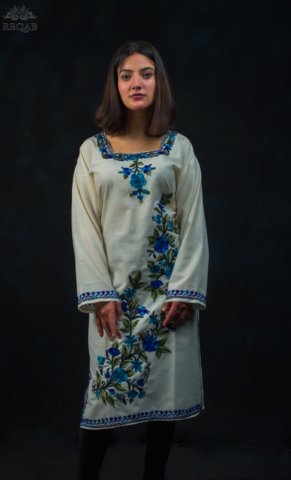 Catskill White Ruby Cotton Kurti with Blue Aari Embroidery