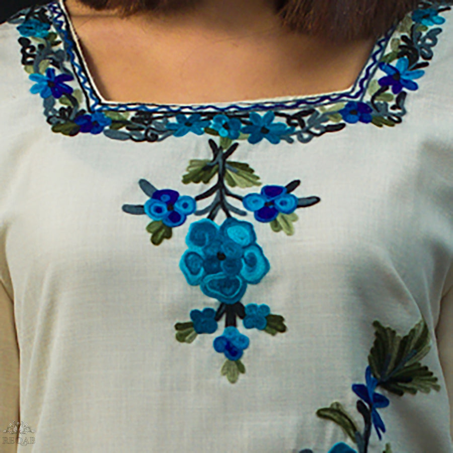 Catskill White Ruby Cotton Kurti with Blue Aari Embroidery